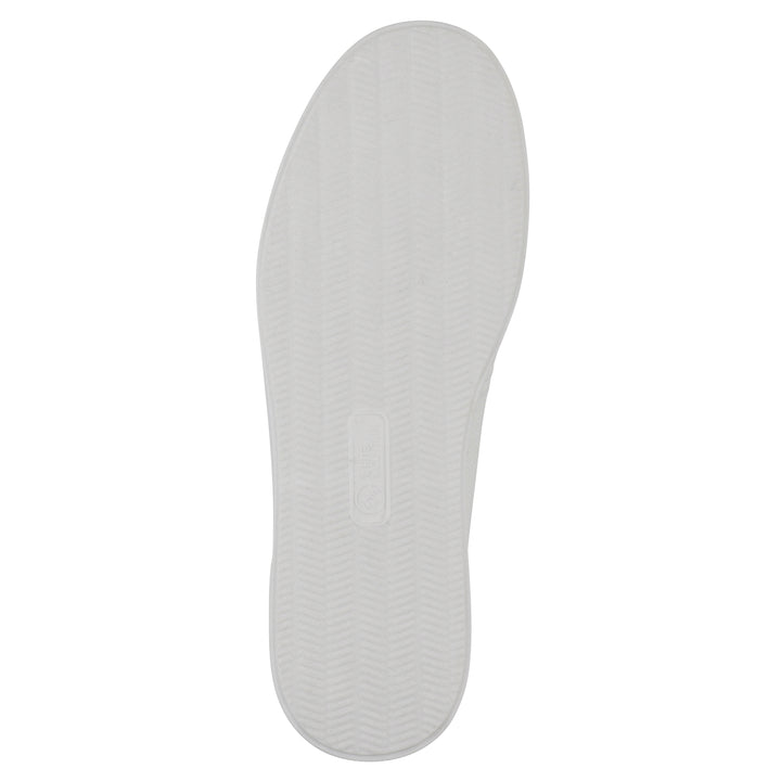 Sole view of a white slip-on sneaker with white sole, and perforated mesh fabric