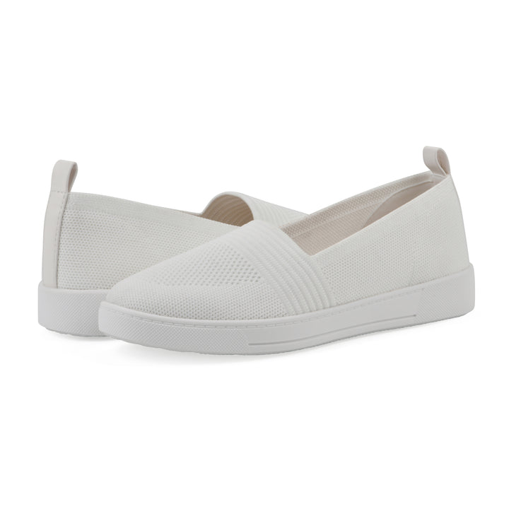Angle view of a pair of white slip-on sneaker with white sole, and perforated mesh fabric