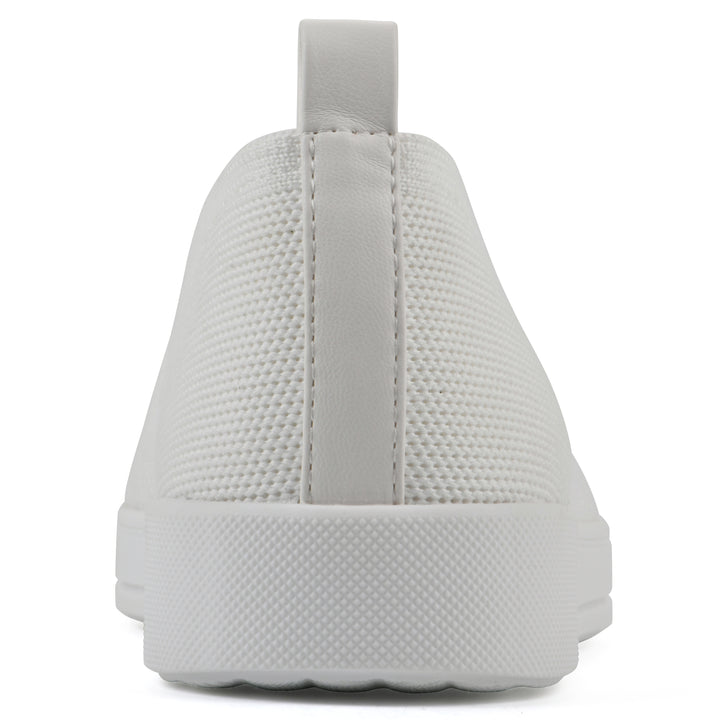 Heel view of a white slip-on sneaker with white sole, and perforated mesh fabric