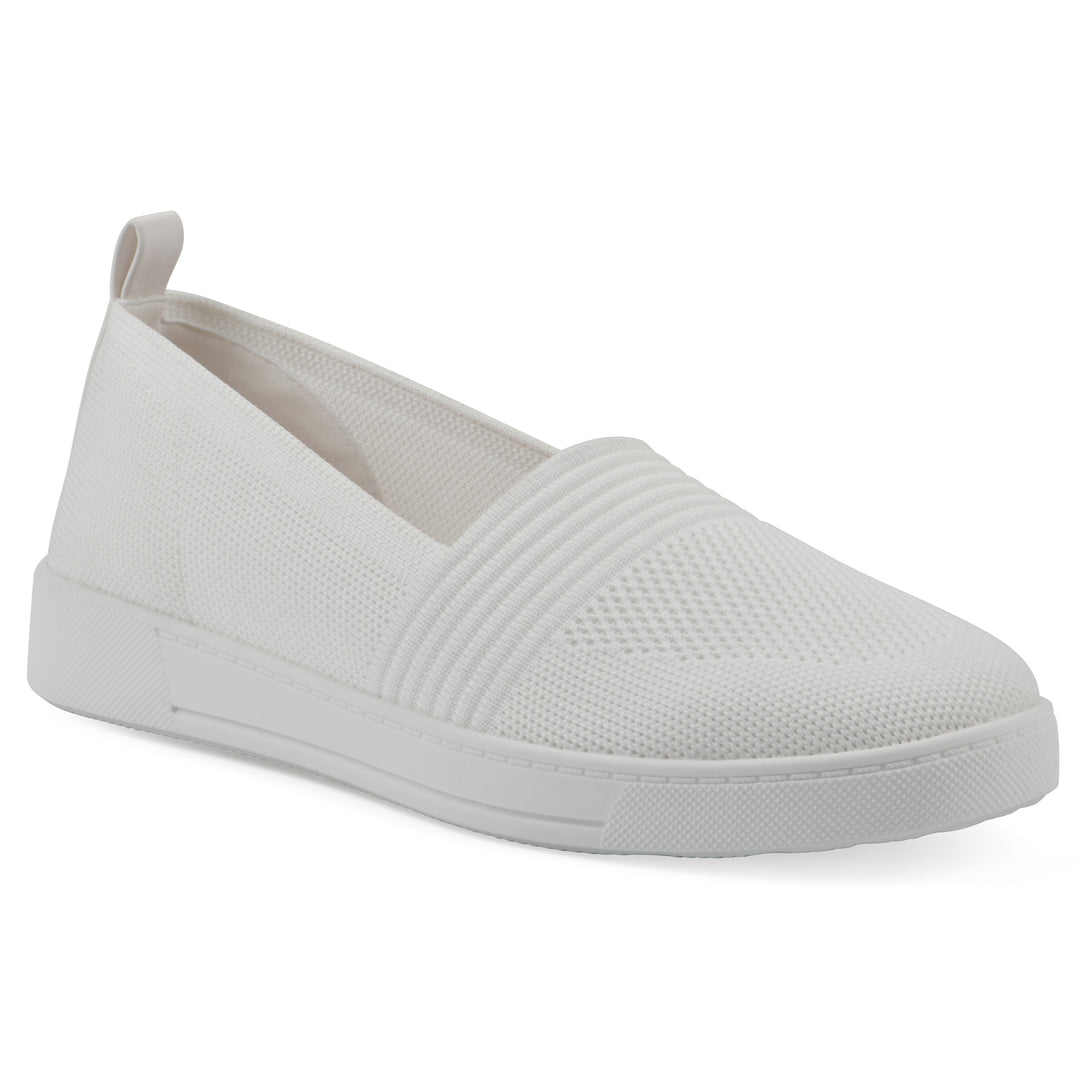 Side view of a white slip-on sneaker with white sole, and perforated mesh fabric