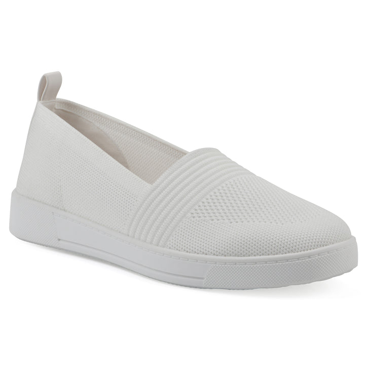 Side view of a white slip-on sneaker with white sole, and perforated mesh fabric