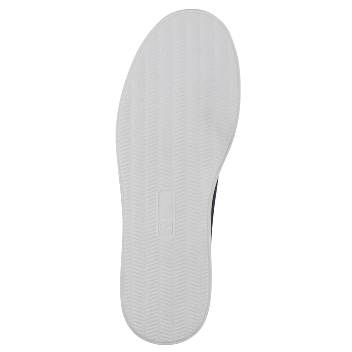 Sole view of a navy slip-on sneaker with white sole, and perforated mesh fabric