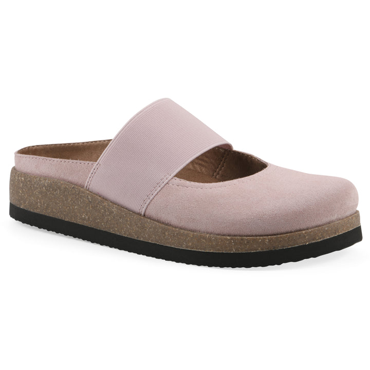 Angle view of a light pink suede backless clog with Mary Jane style center strap and a brown sole with black bottom