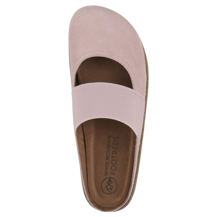 Top view of a light pink suede backless clog with Mary Jane style center strap and a brown sole with black bottom
