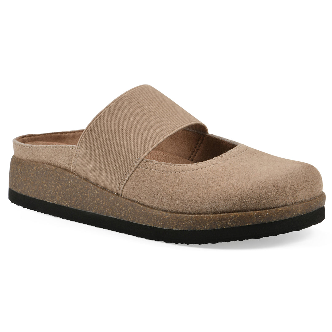 Angle view of a beach wood suede backless clog with Mary Jane style center strap and a brown sole with black bottom
