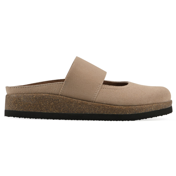 Side view of a beach wood suede backless clog with Mary Jane style center strap and a brown sole with black bottom