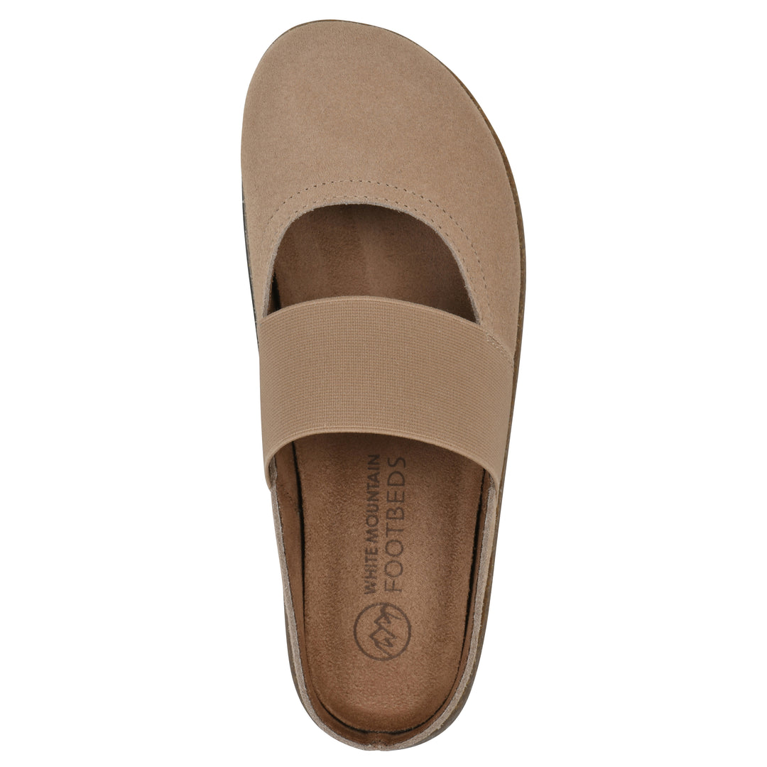 Top view of a beach wood suede backless clog with Mary Jane style center strap and a brown sole with black bottom