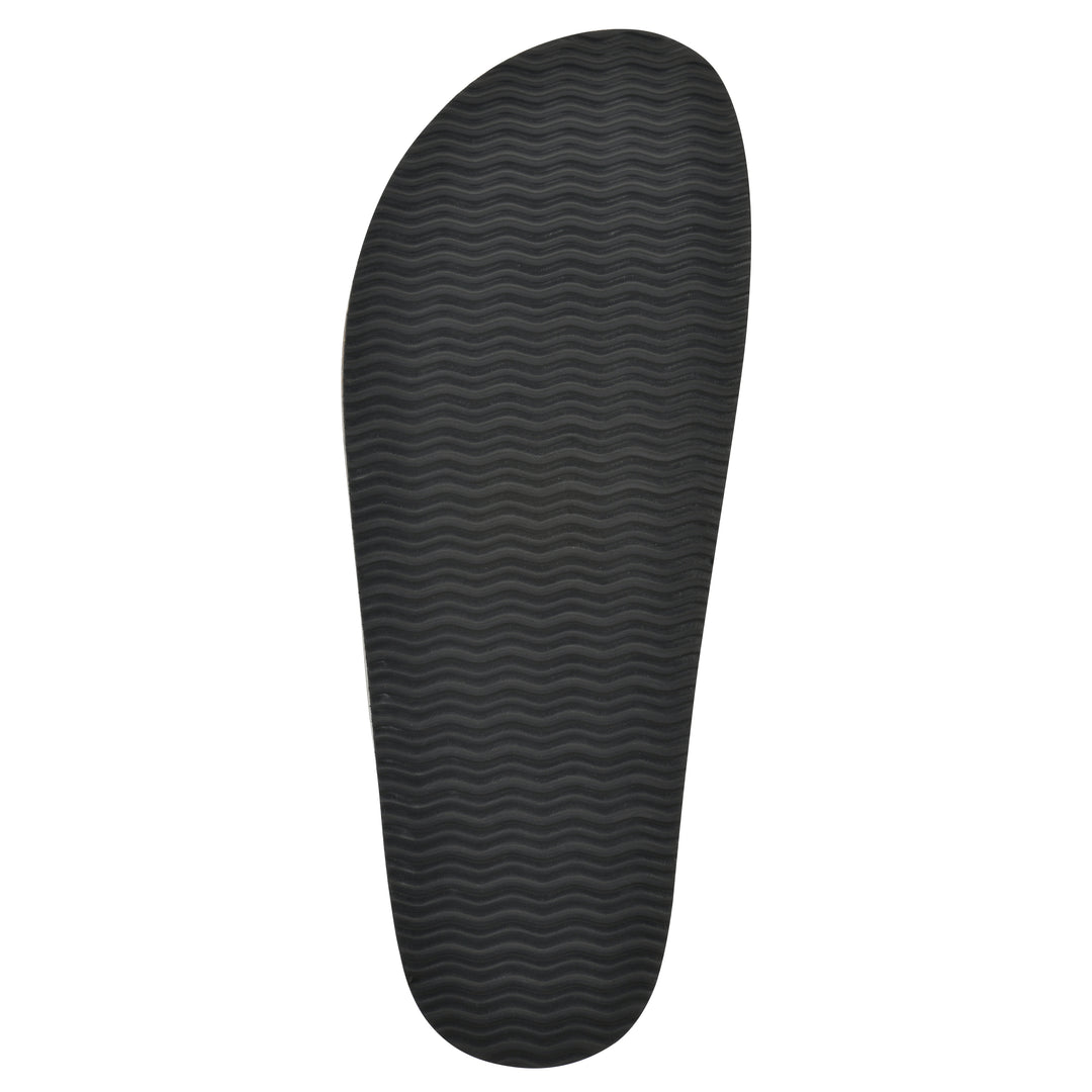 Sole view of a black leather backless clog with Mary Jane style center strap and a brown sole with black bottom