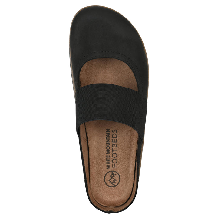 Top view of a black leather backless clog with Mary Jane style center strap and a brown sole with black bottom