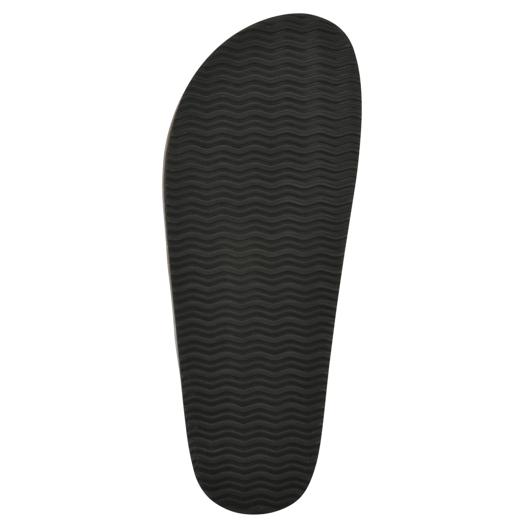 Sole view of a brown leather backless clog with Mary Jane style center strap and a brown sole with black bottom