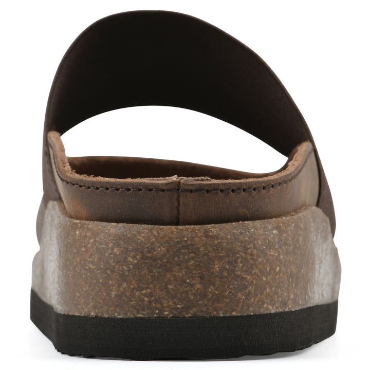 Rear view of a brown leather backless clog with Mary Jane style center strap and a brown sole with black bottom