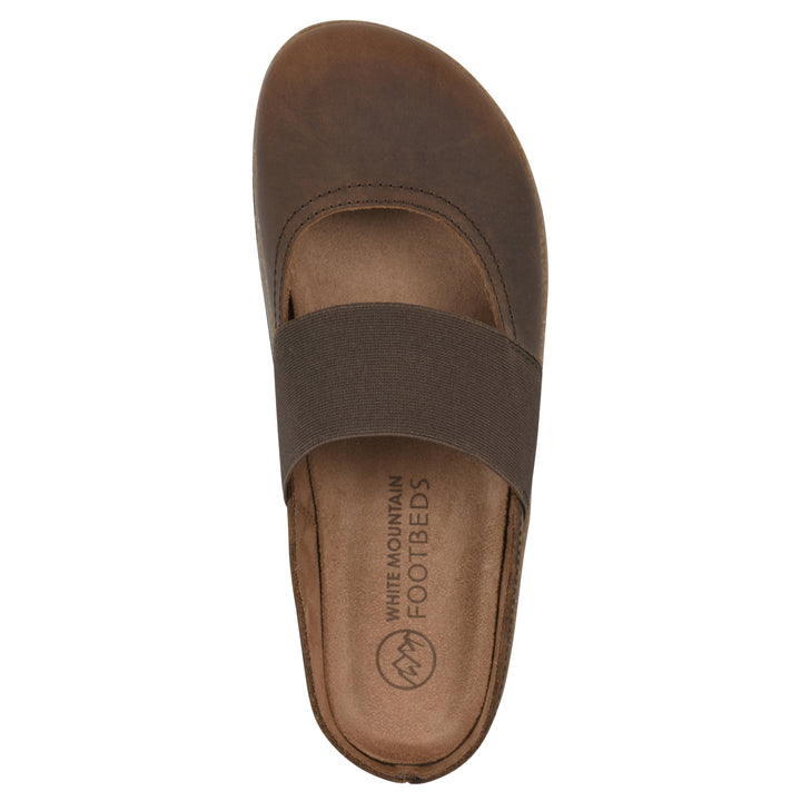 Top view of a brown leather backless clog with Mary Jane style center strap and a brown sole with black bottom