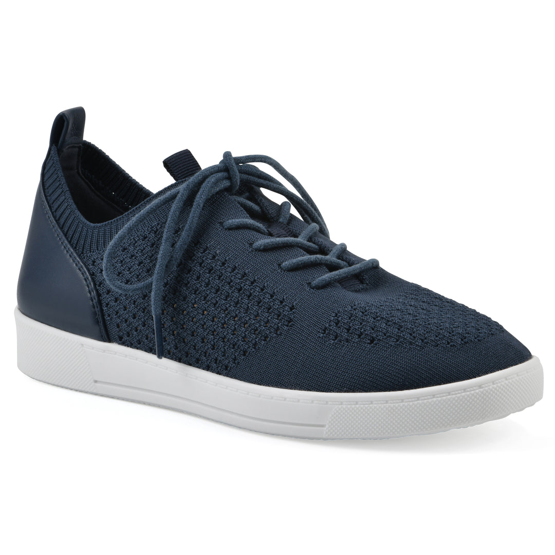 Angle view of a navy sneaker with lace-up design and perforated mesh fabric
