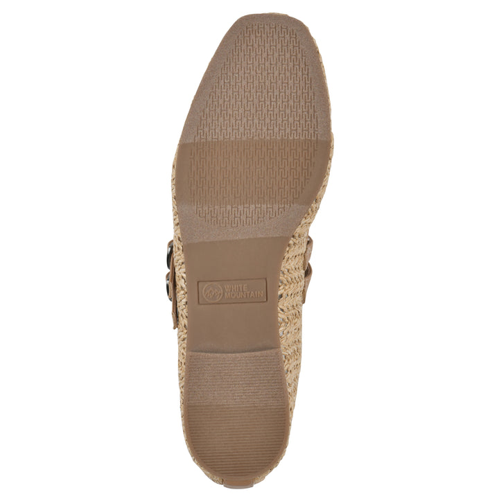 Sole view of a natural raffia ballet flat with double adjustable mini straps and a brown sole