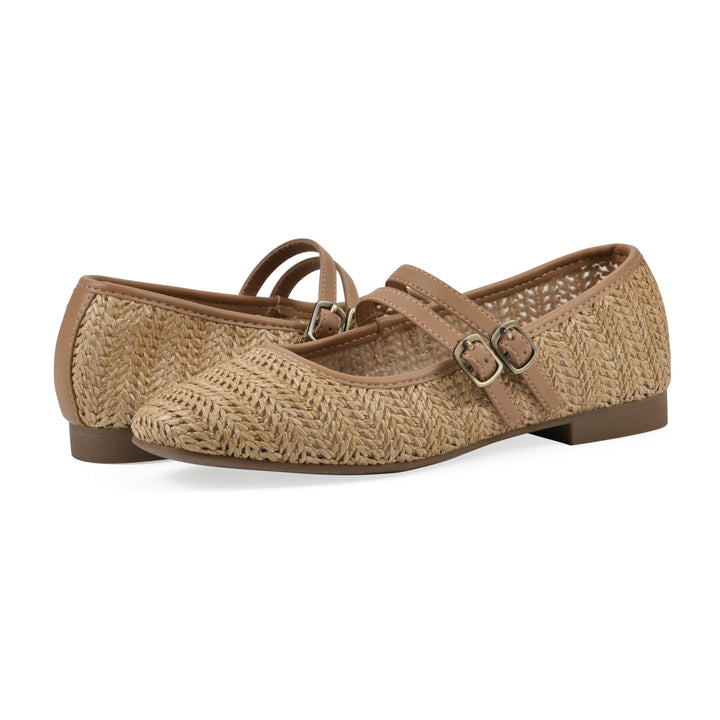 Angle view of a pair of natural raffia ballet flats with double adjustable mini straps and a brown sole