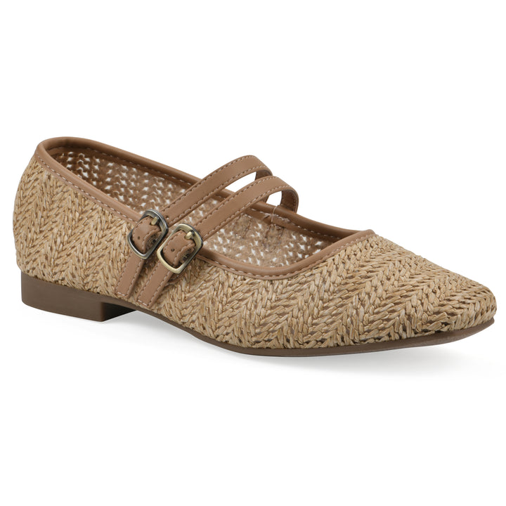 Angle view of a natural raffia ballet flat with double adjustable mini straps and a brown sole