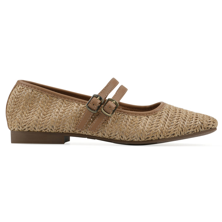 Side view of a natural raffia ballet flat with double adjustable mini straps and a brown sole