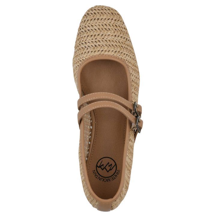 Top view of a natural raffia ballet flat with double adjustable mini straps and a brown sole