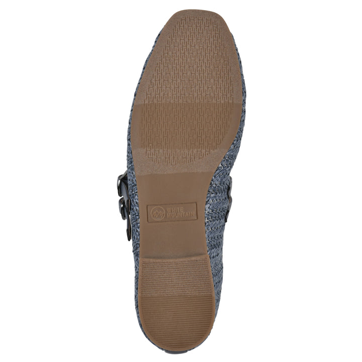 Sole view of a blue raffia ballet flat with double adjustable mini straps and a brown sole