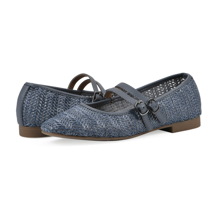 Angle view of a pair of blue raffia ballet flats with double adjustable mini straps and a brown sole