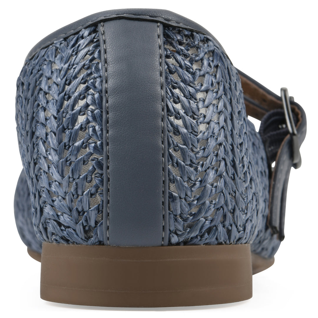 Rear view of a blue raffia ballet flat with double adjustable mini straps and a brown sole