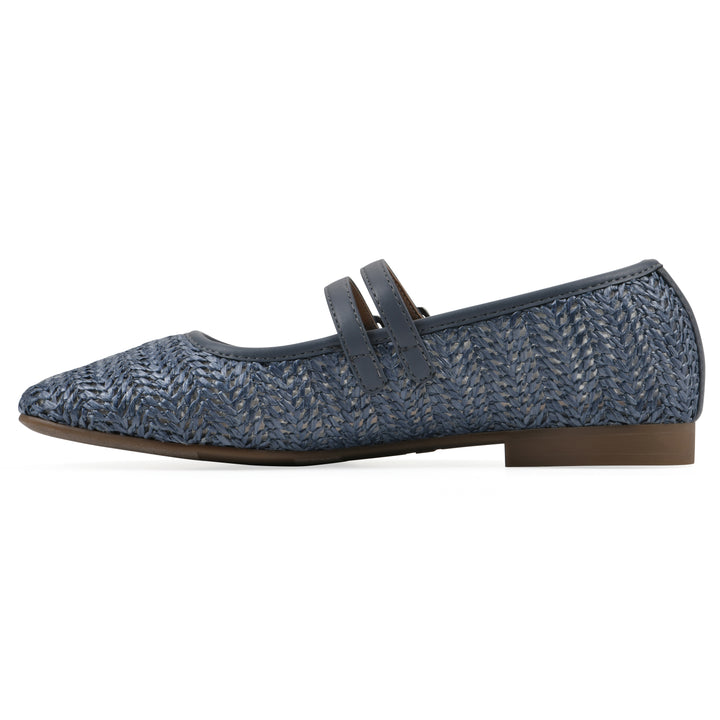Side view of a blue raffia ballet flat with double adjustable mini straps and a brown sole