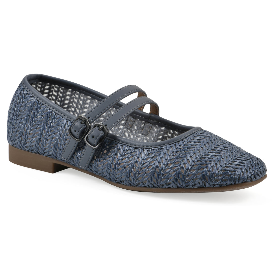 Angle view of a blue raffia ballet flat with double adjustable mini straps and a brown sole