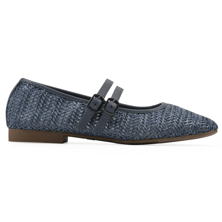 Side view of a blue raffia ballet flat with double adjustable mini straps and a brown sole