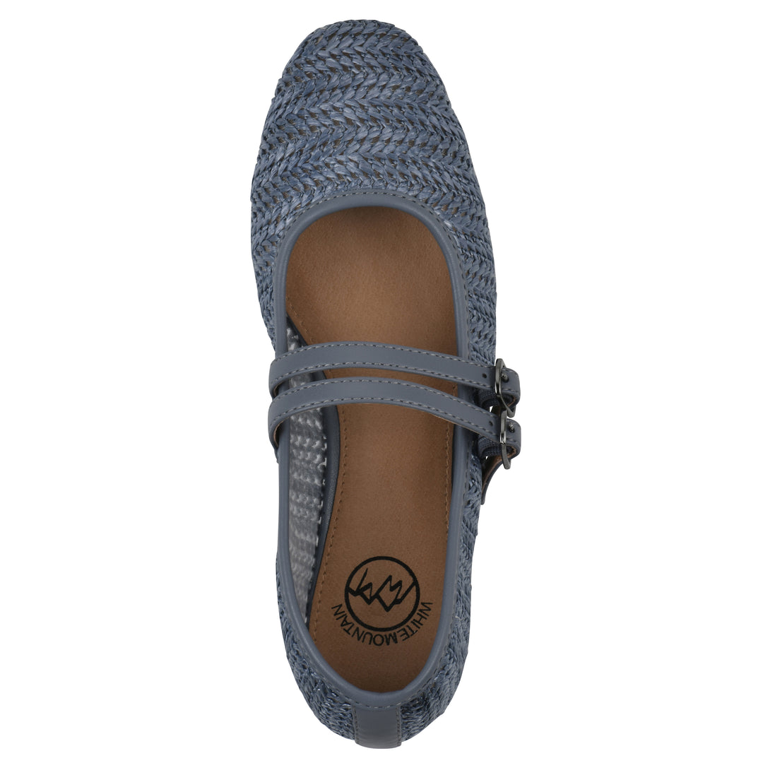 Top view of a blue raffia ballet flat with double adjustable mini straps and a brown sole