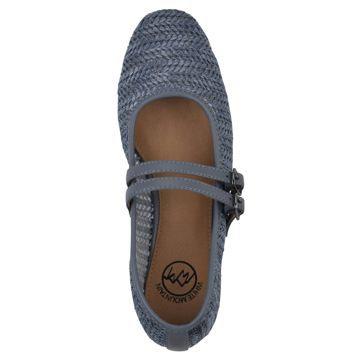 Top view of a blue raffia ballet flat with double adjustable mini straps and a brown sole