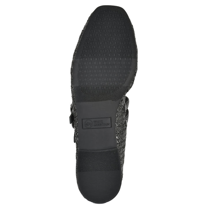 Sole view of a black raffia ballet flat with double adjustable mini straps and a black sole