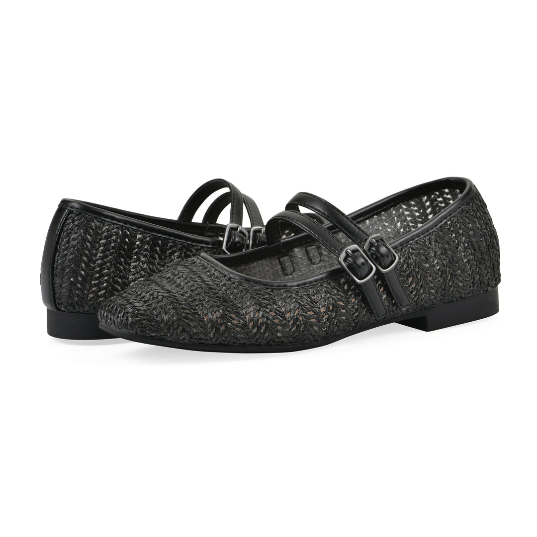 Angle view of a pair of black raffia ballet flats with double adjustable mini straps and a black sole