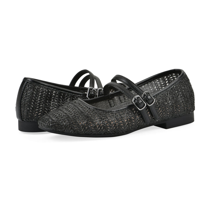 Angle view of a pair of black raffia ballet flats with double adjustable mini straps and a black sole