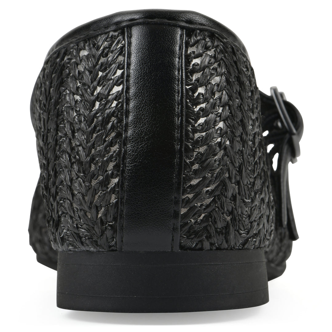 Rear view of a black raffia ballet flat with double adjustable mini straps and a black sole