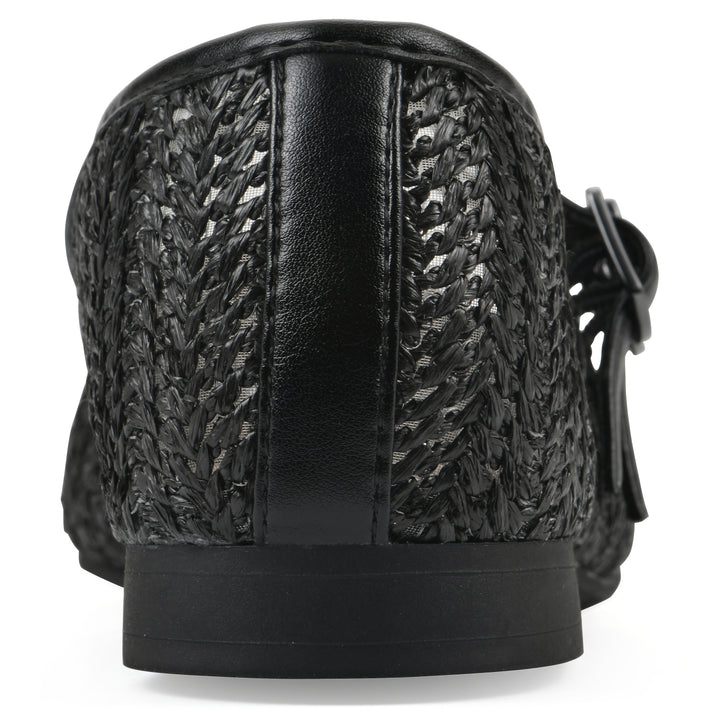 Rear view of a black raffia ballet flat with double adjustable mini straps and a black sole