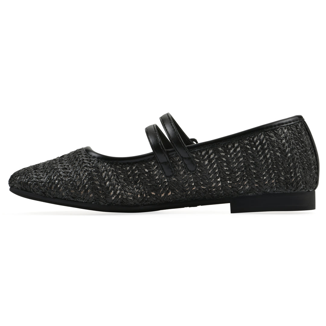 Side view of a black raffia ballet flat with double adjustable mini straps and a black sole