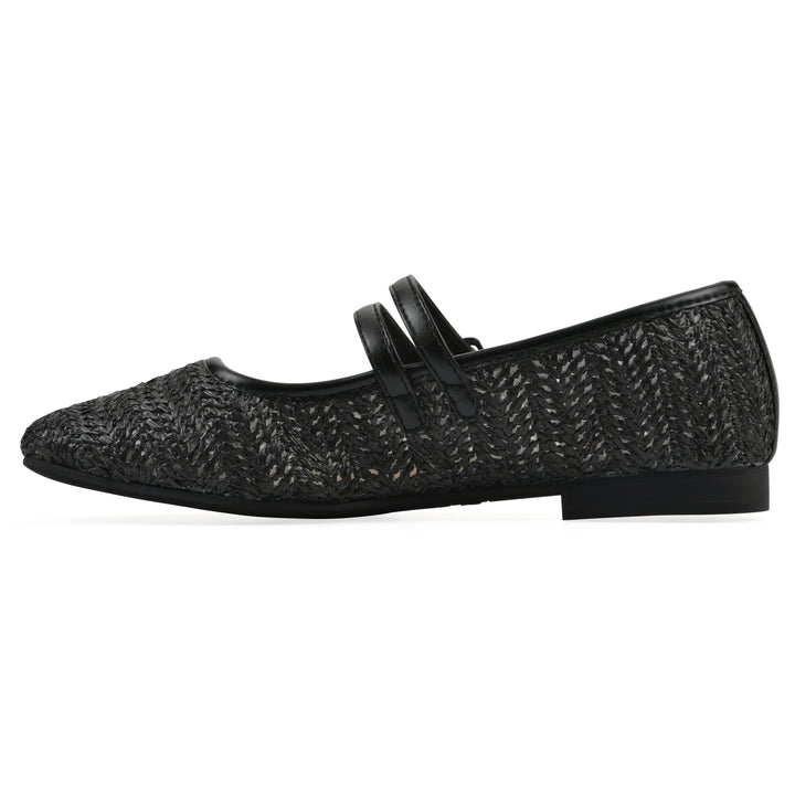 Side view of a black raffia ballet flat with double adjustable mini straps and a black sole