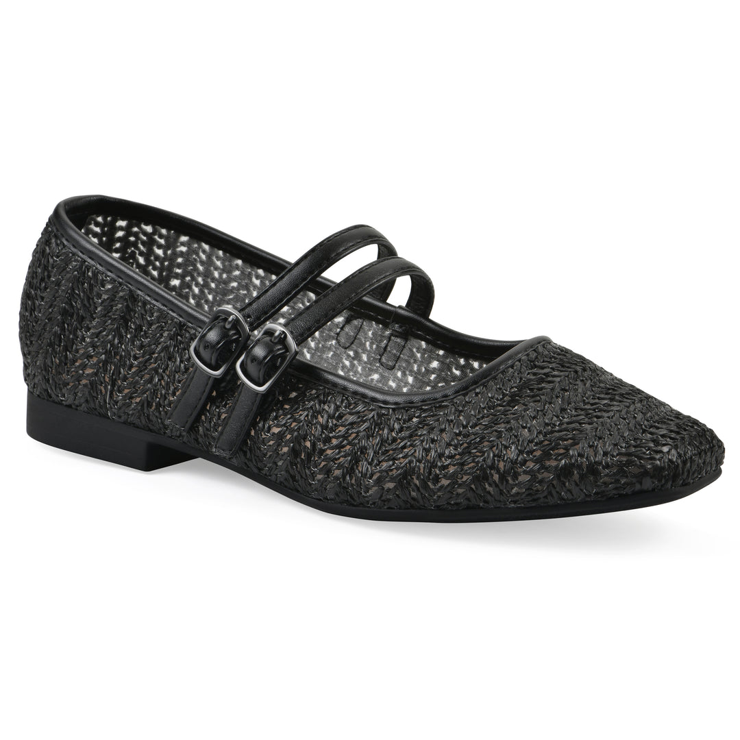 Angle view of a black raffia ballet flat with double adjustable mini straps and a black sole 