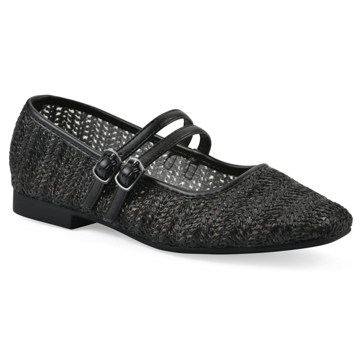 Angle view of a black raffia ballet flat with double adjustable mini straps and a black sole 