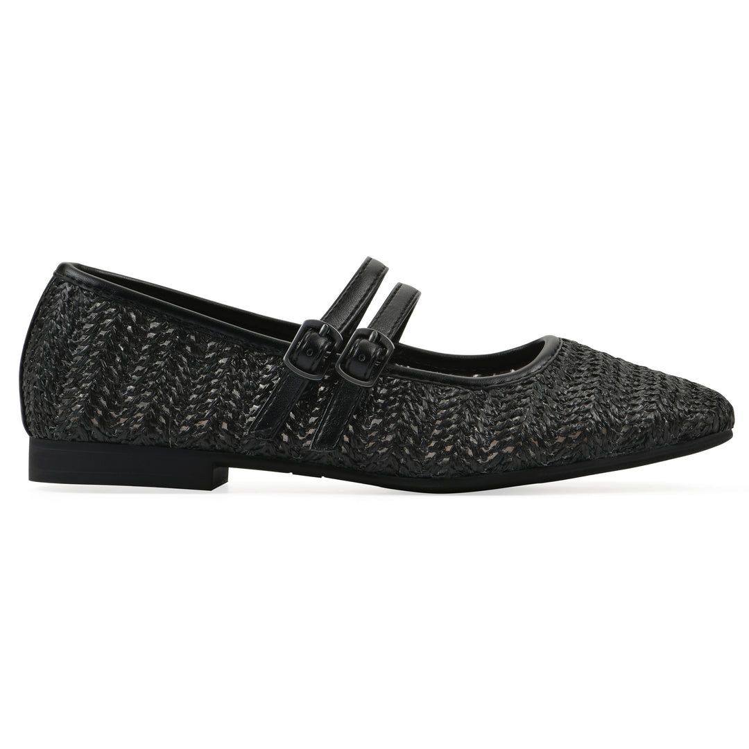Side view of a black raffia ballet flat with double adjustable mini straps and a black sole