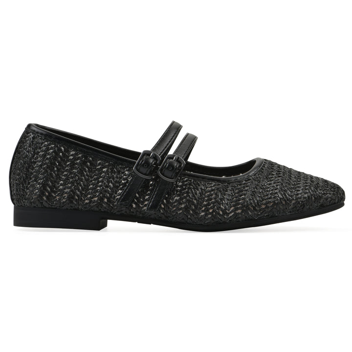 Side view of a black raffia ballet flat with double adjustable mini straps and a black sole