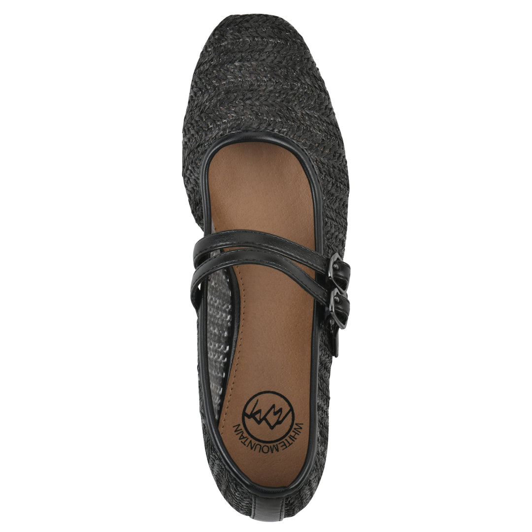 Top view of a black raffia ballet flat with double adjustable mini straps and a black sole