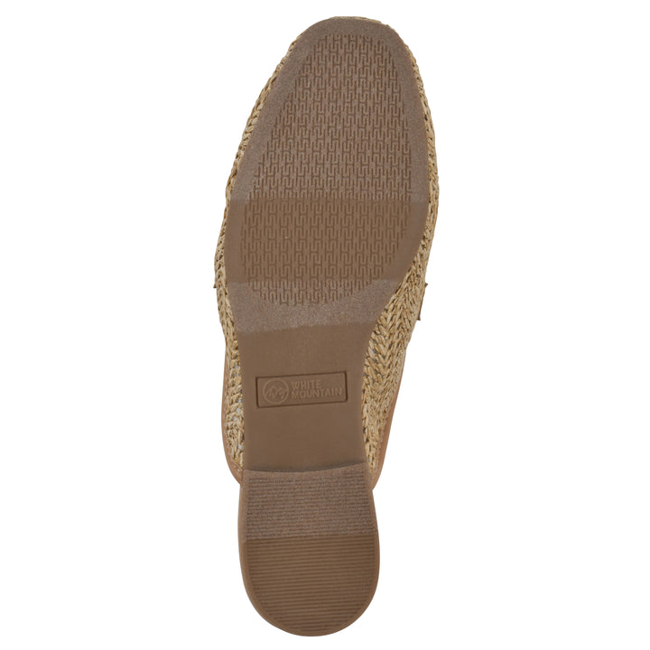 Sole view of a natural raffia mule with horizontal metal embellishment and a black 1/2-inch heel