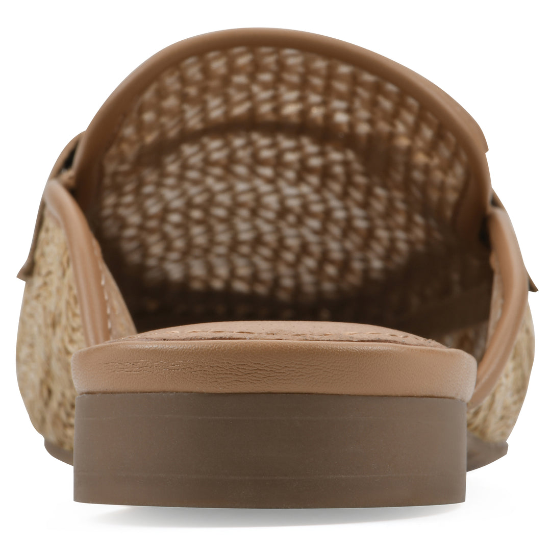 Rear view of a natural raffia mule with horizontal metal embellishment and a black 1/2-inch heel