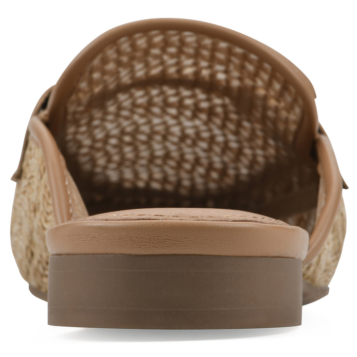 Rear view of a natural raffia mule with horizontal metal embellishment and a black 1/2-inch heel