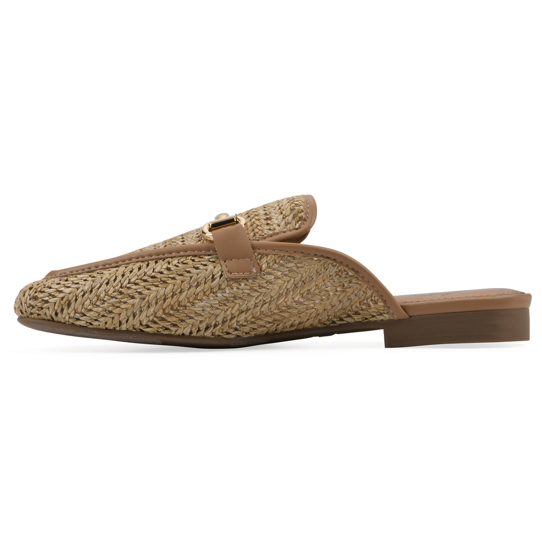 Side view of a natural raffia mule with horizontal metal embellishment and a black 1/2-inch heel