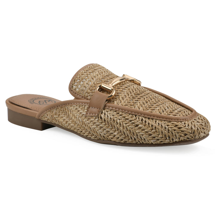 Angle view of a natural raffia mule with horizontal metal embellishment and a black 1/2-inch heel