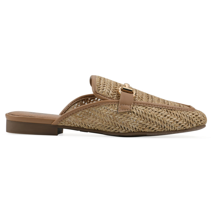 Side view of a natural raffia mule with horizontal metal embellishment and a black 1/2-inch heel