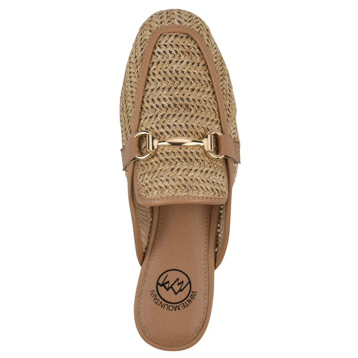 Top view of a natural raffia mule with horizontal metal embellishment and a black 1/2-inch heel