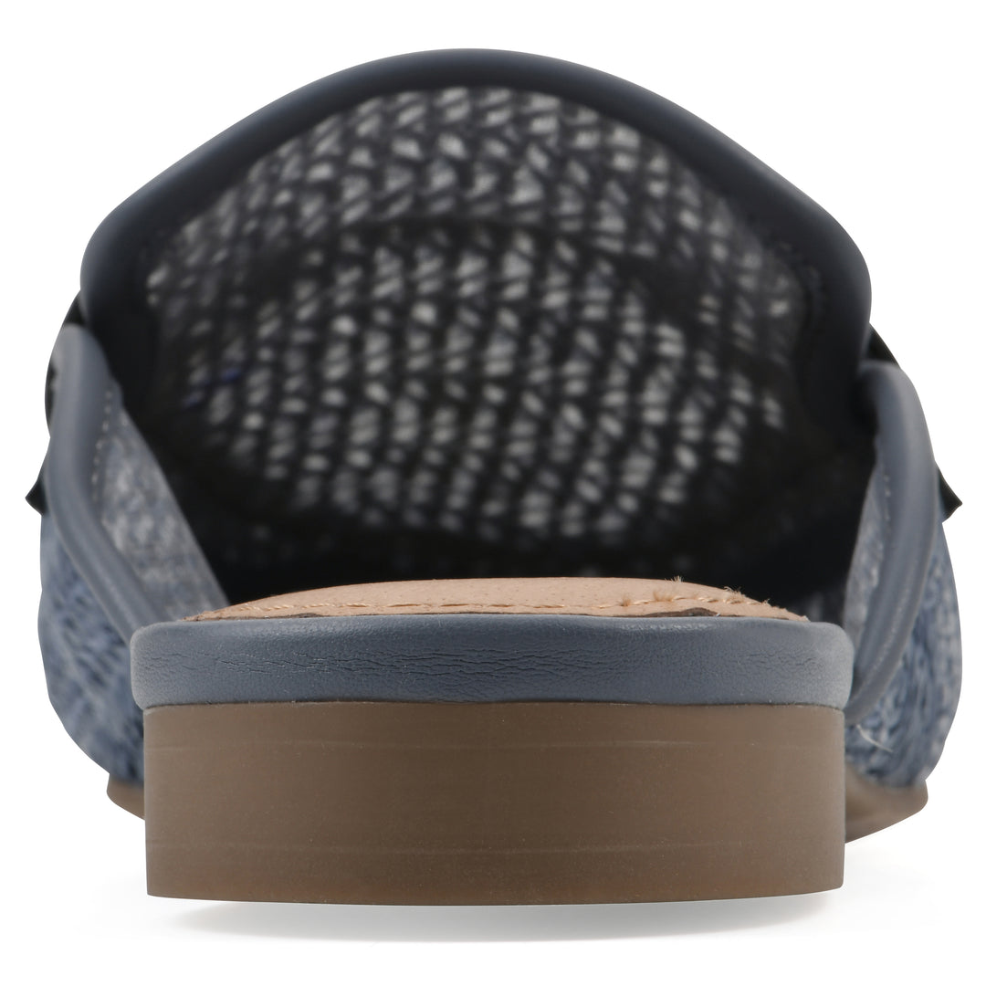 Rear view of a blue raffia mule with horizontal metal embellishment and a black 1/2-inch heel